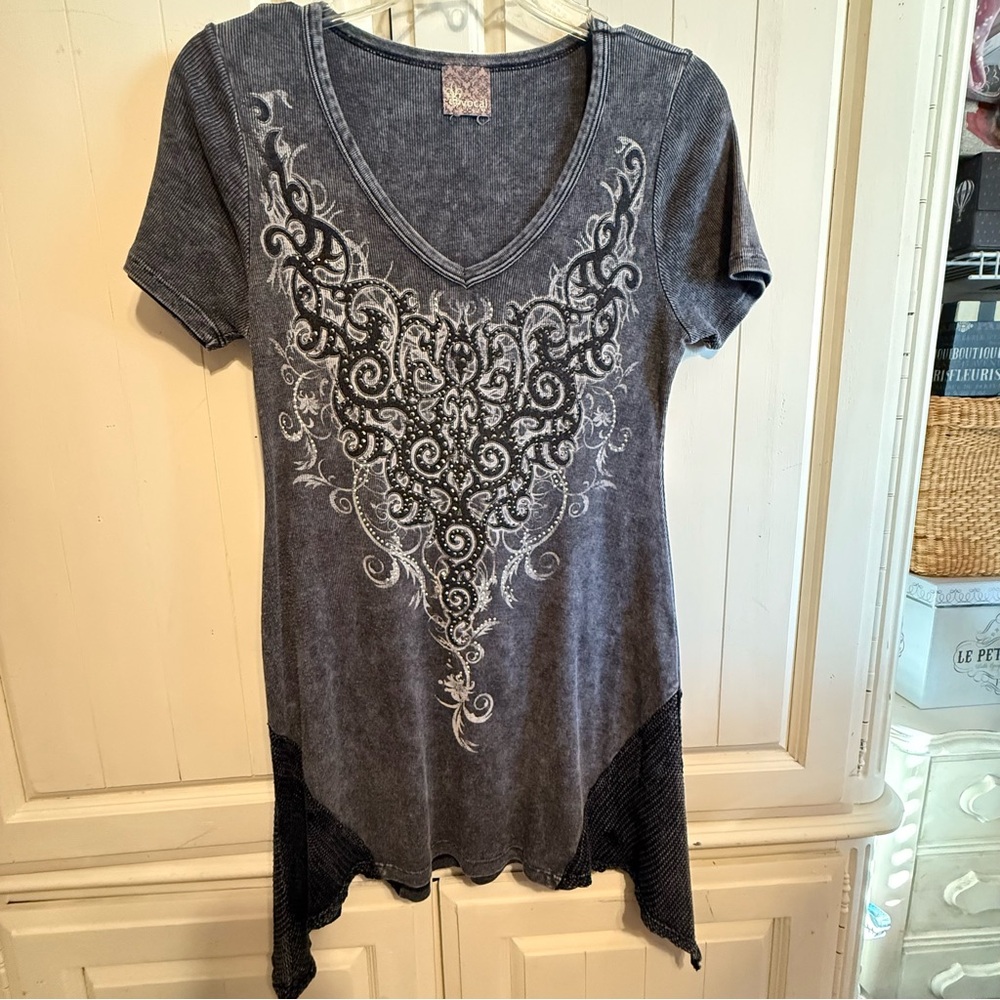 Vocal Charcoal Embellished Short Sleeve Top Ribbed Knit